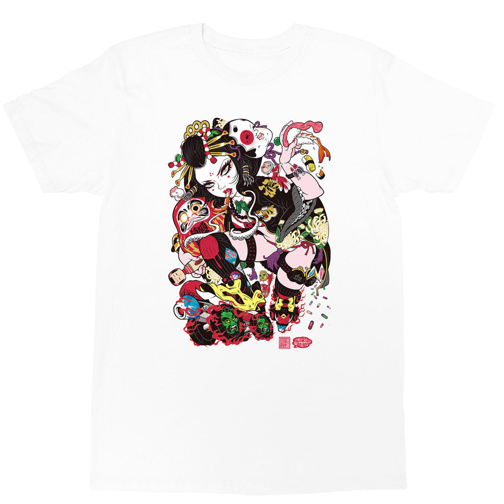 Cyberpunk geisha graphic t-shirt by Japanese artist Grape Brain.