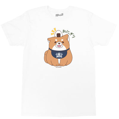Kawaii shiba onigiri graphic tee by Japanese artist Mochishiba.
