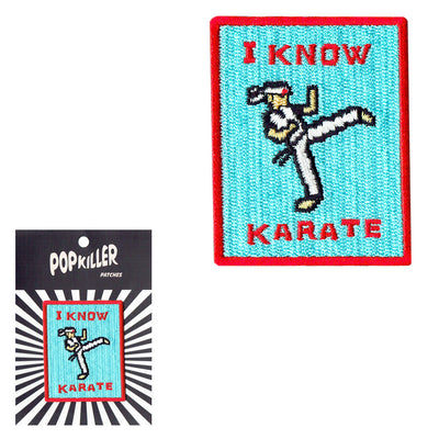 Rectangle patch with an 8bit karate  character saying 'I know karate'.