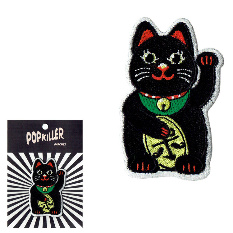 A black lucky cat iron on patch.