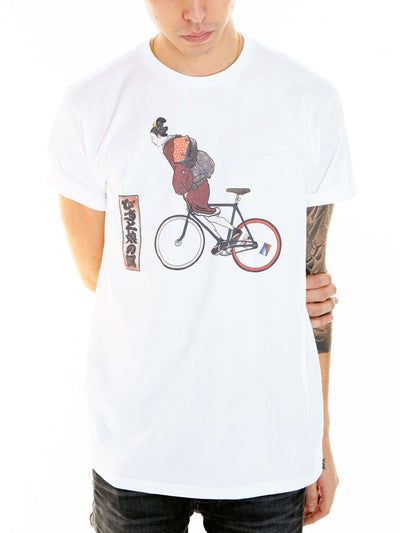 Geisha riding a fixed gear bicycle graphic t-shirt.