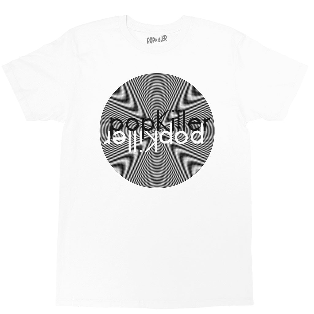 White hipster vinyl record graphic tee by Los Angeles brand Popkiller.