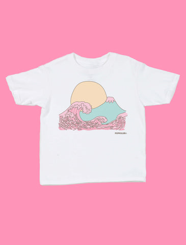 Kawaii Japanese Hokusai wave on a white kid's t-shirt.