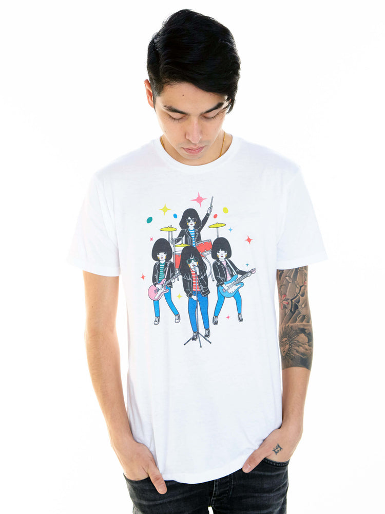 Model wearing a kawaii Ramones parody t-shirt.