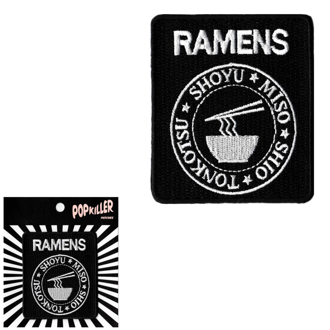 Rectangle iron on punk Ramones parody patch.