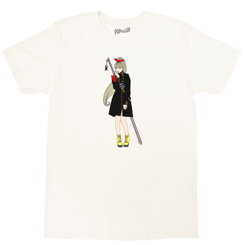 Cream graphic t-shirt with an assassin anime girl by anime artist Sagaken.