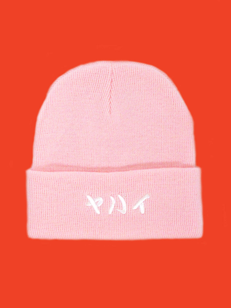 Pink beanie with the words 'Risky' embroidered in Japanese on it.