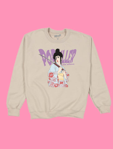 Sand pullover sweatshirt with a samurai anime girl by Japanese artist Sagaken.