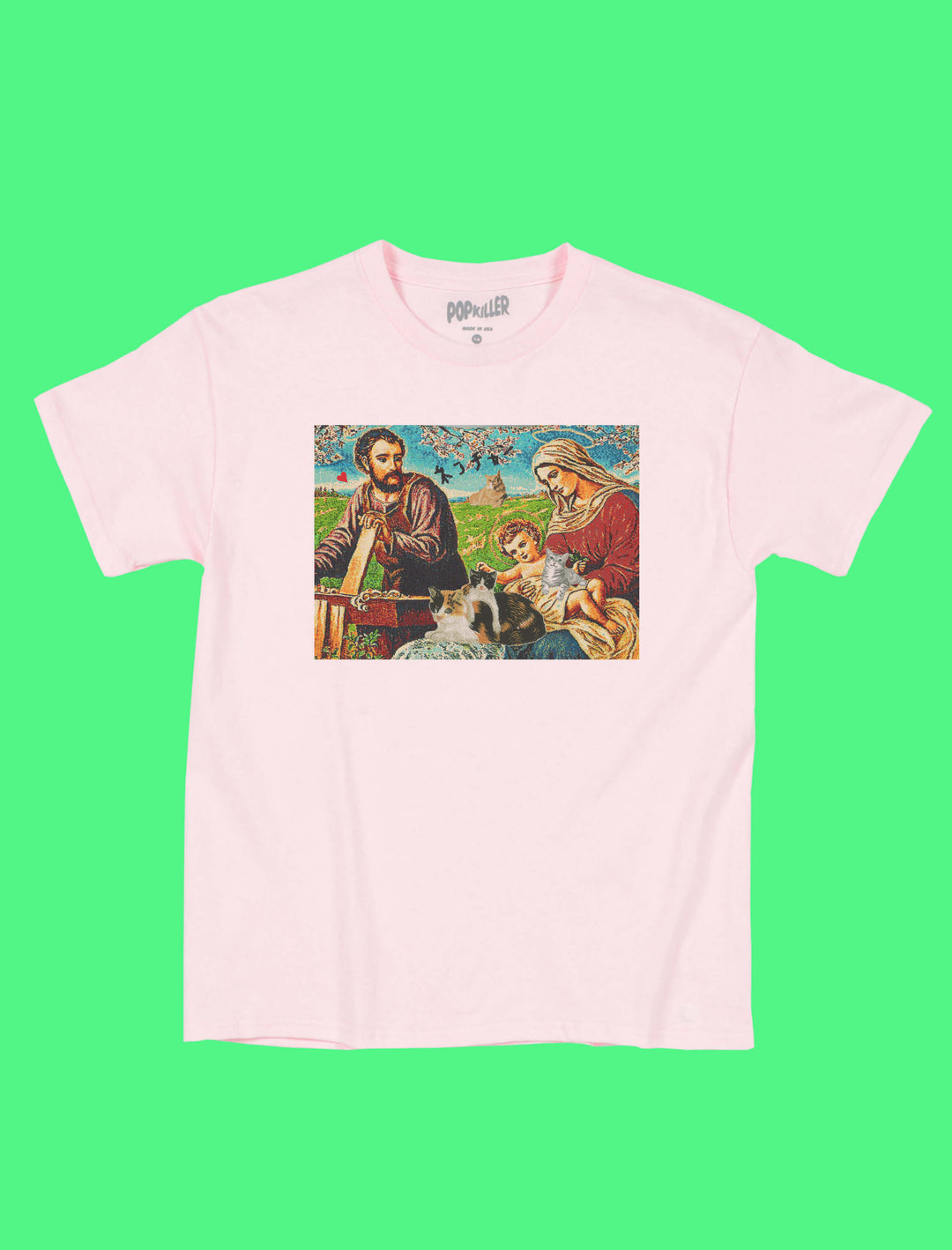 Pink religious cat t-shirt.