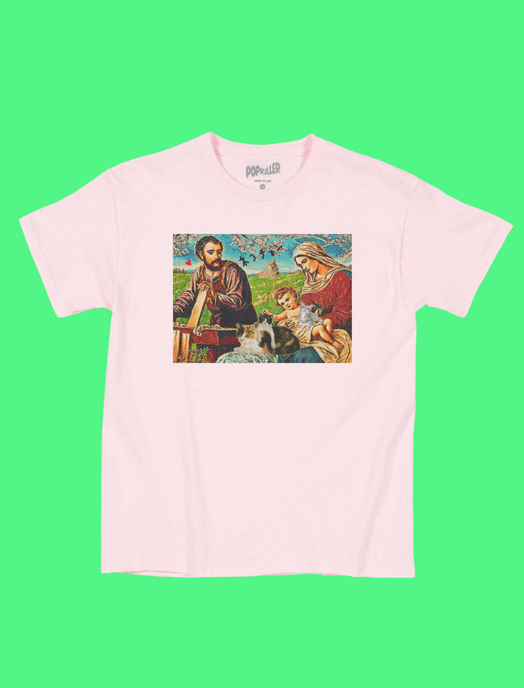 Pink religious cat t-shirt.