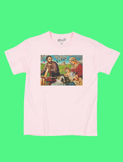 Pink religious cat t-shirt.