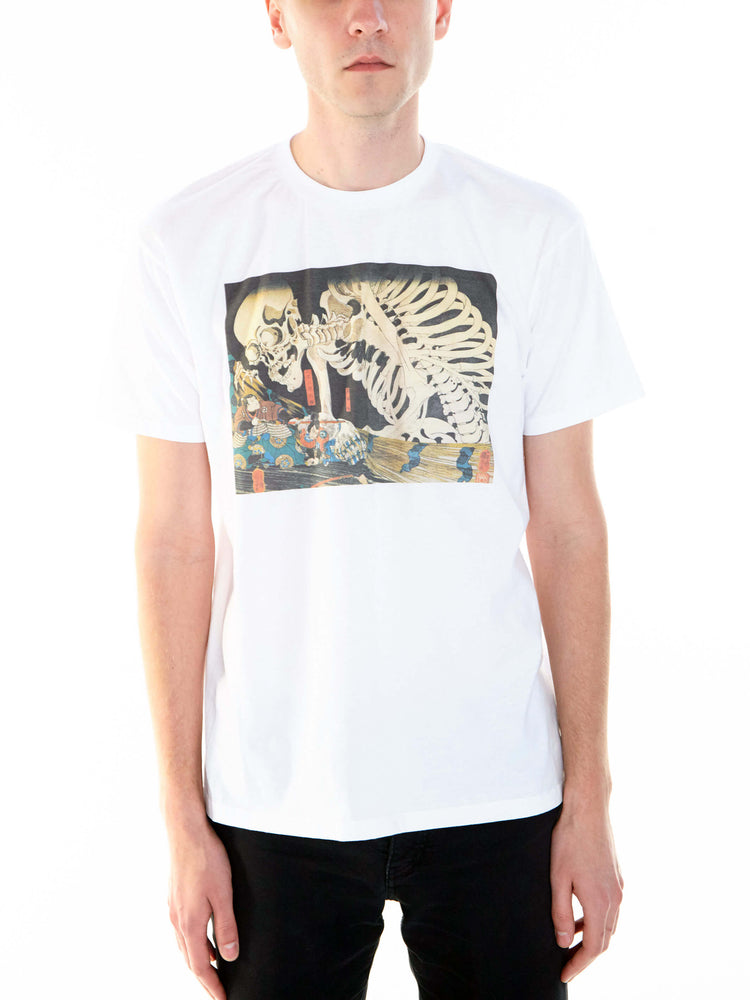 A white graphic t-shirt with an ukiyo-e skeleton on it.