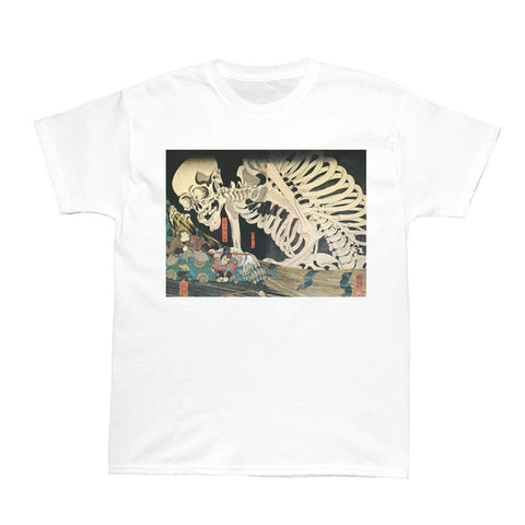 A traditional ukiyo-e skeleton art print on a white tee.