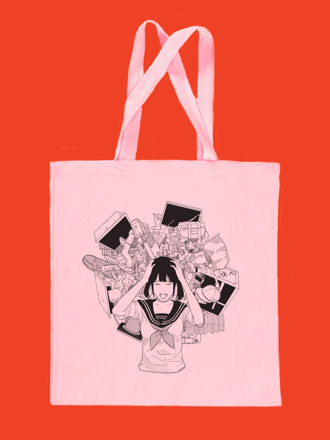 Anime schoolgirl pink canvas book tote bag.