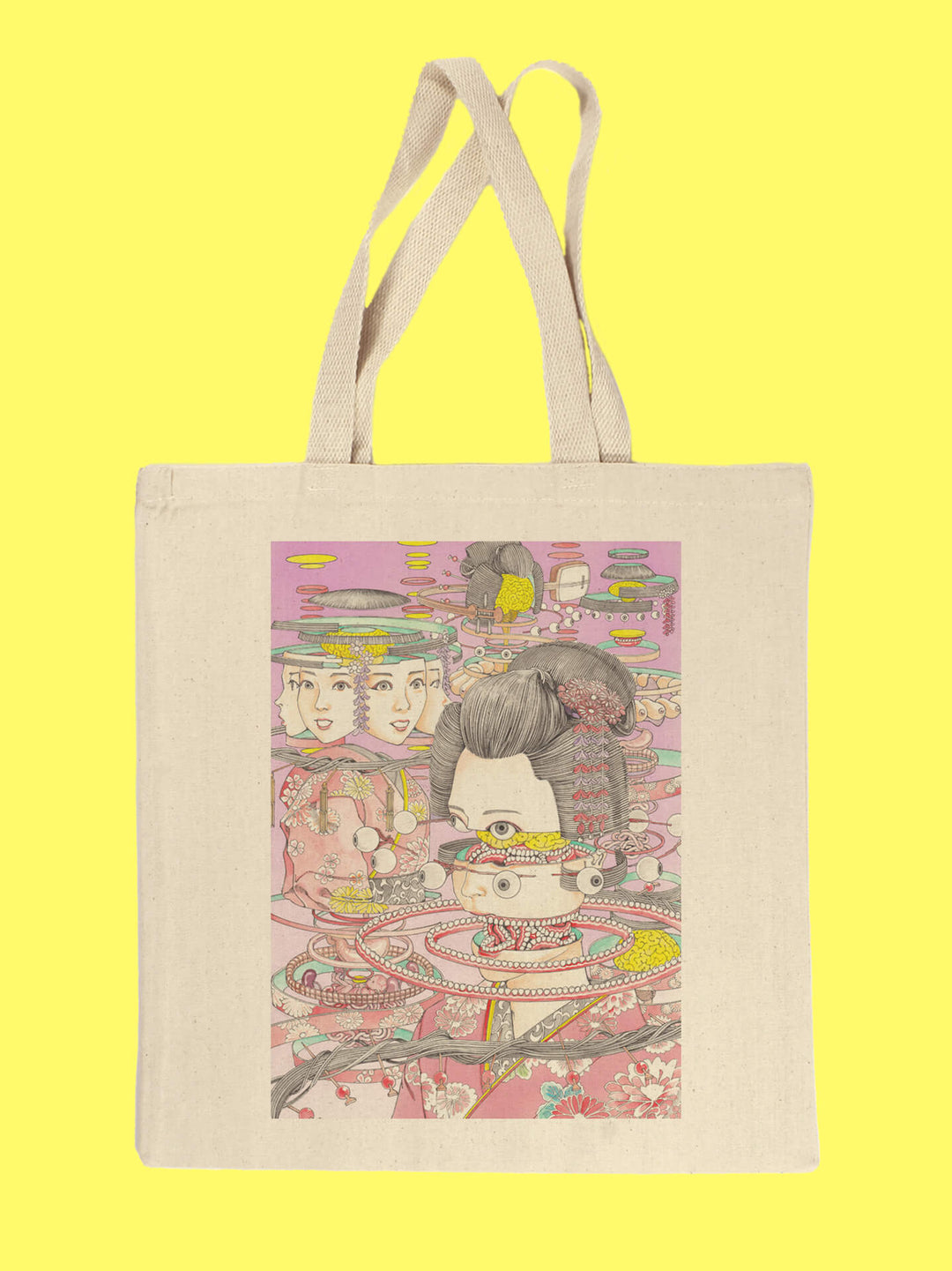 Trippy surreal horror manga geisha designed canvas tote bag by Japanese manga artist Shintaro Kago.