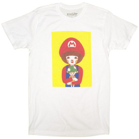 White graphic t-shirt with Nintendo videogame character by LA artist Naoshi.