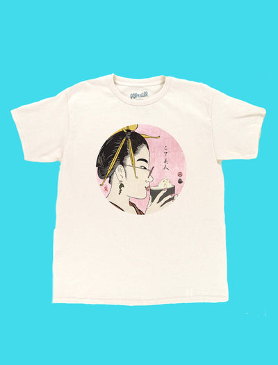 Stylish traditional Japanese geisha drinking latte design graphic tee.