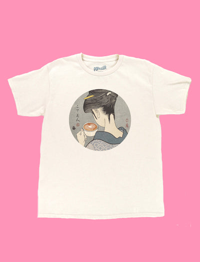 Coffee drinking modern geisha graphic t-shirt.