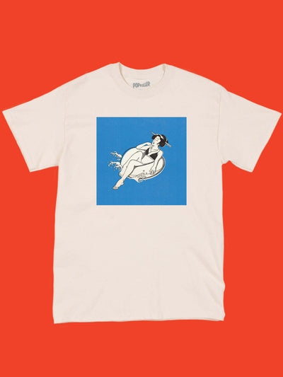 A geisha floating on an inner tube graphic t-shirt.
