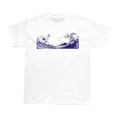 Surfing sumo wrestler graphic t-shirt.
