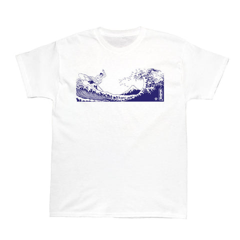 Surfing sumo wrestler graphic t-shirt.