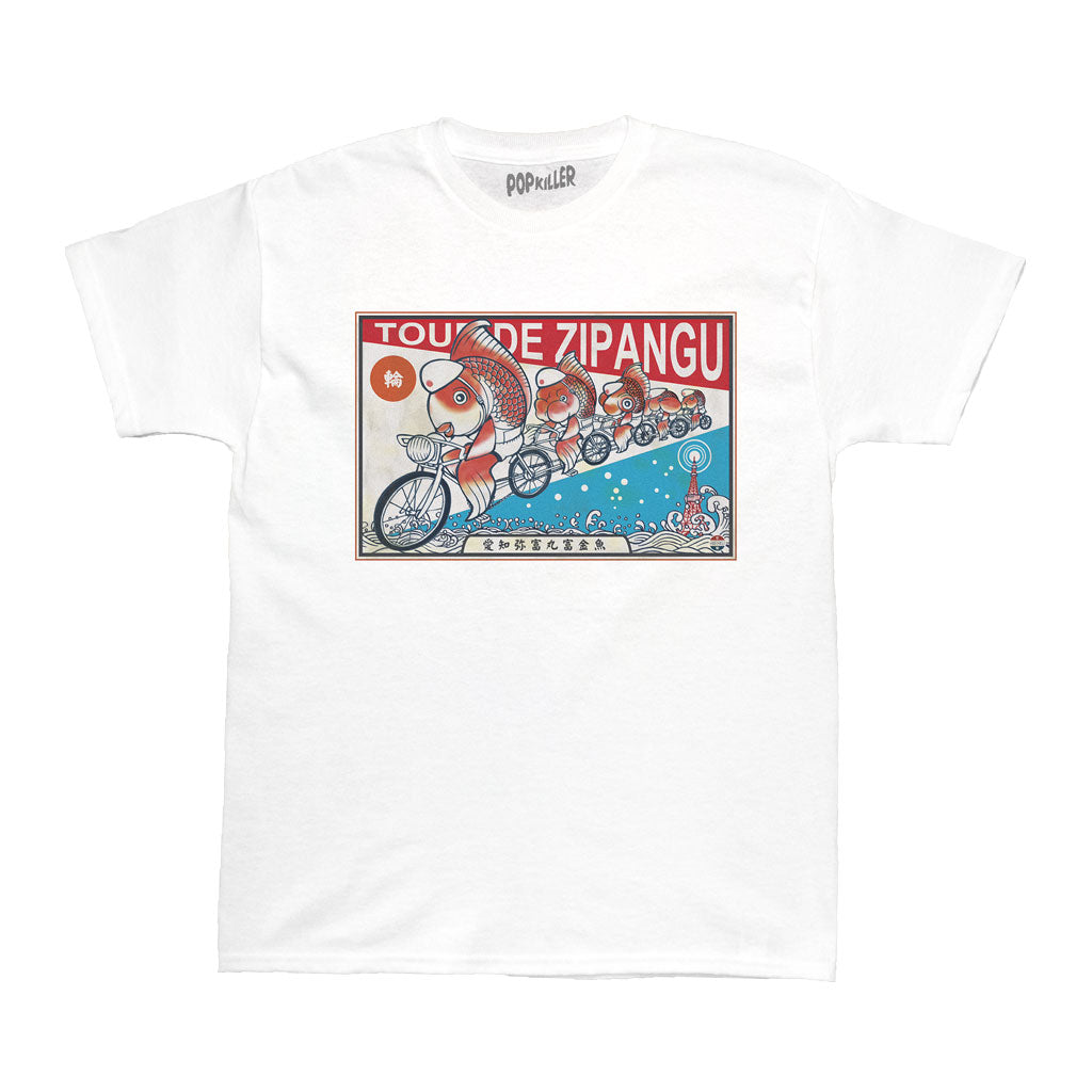 Koi fish riding bicycles graphic t-shirt.