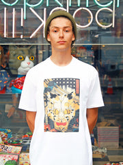 An ukiyo-e cat print on a t-shirt.