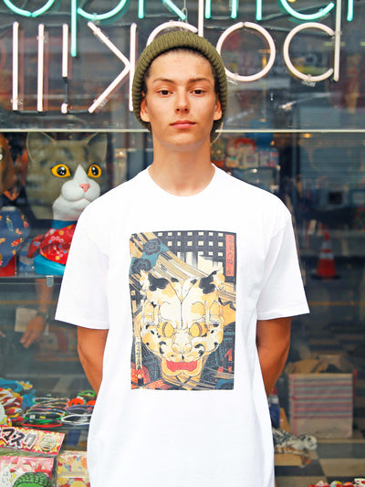 An ukiyo-e cat print on a t-shirt.