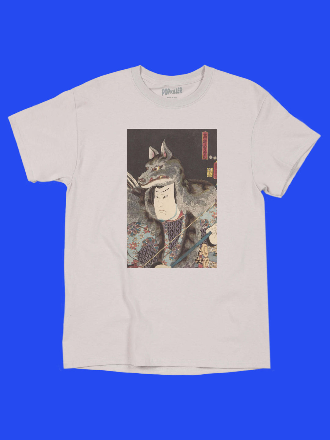 A grey t-shirt with a samurai wearing a wolf pelt on it.