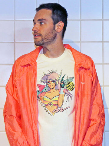 Cream graphic T-shirt with sci fi anime girl by vaporwave artist Mizucat.