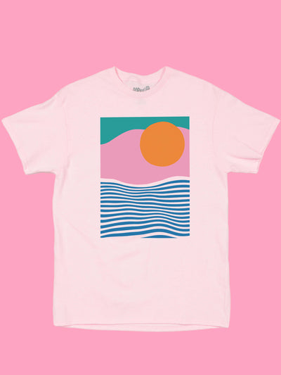 Pink vaporwave landscape graphic t-shirt.