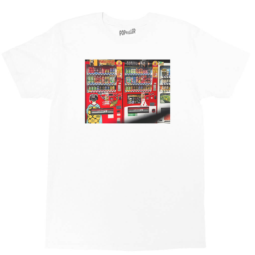 White graphic t-shirt with a Japanese vending machine photo by LA brand Popkiller.