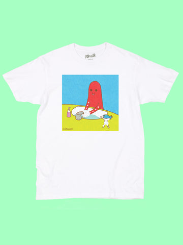 White graphic tee with kawaii octopus washing his hands by Los Angeles artist Naoshi.