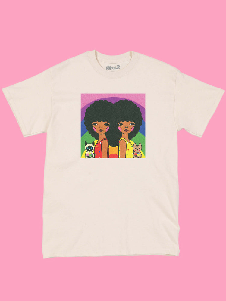Kawaii rainbow afro heart graphic t-shirt.