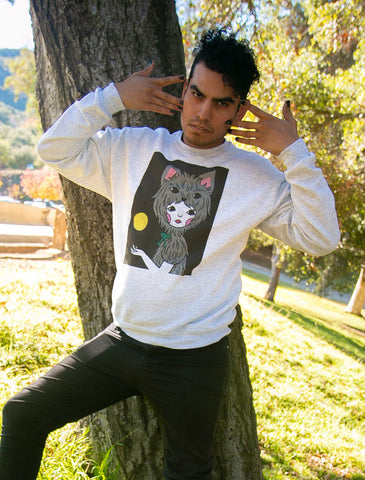 Model wearing a werewolf inspired graphic sweatshirt.